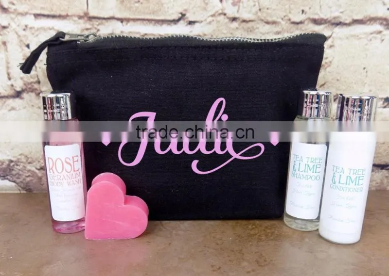 black canvas custom cosmetic bag with logo printed on one side