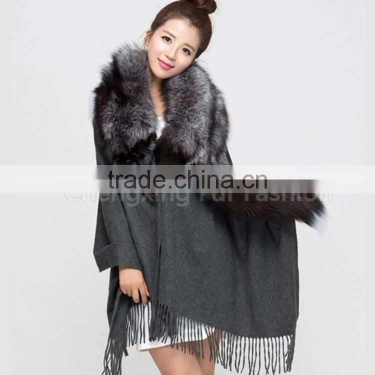 CX-B-P-53A Women Luxury Fox Fur Trim Pashmina Shawl