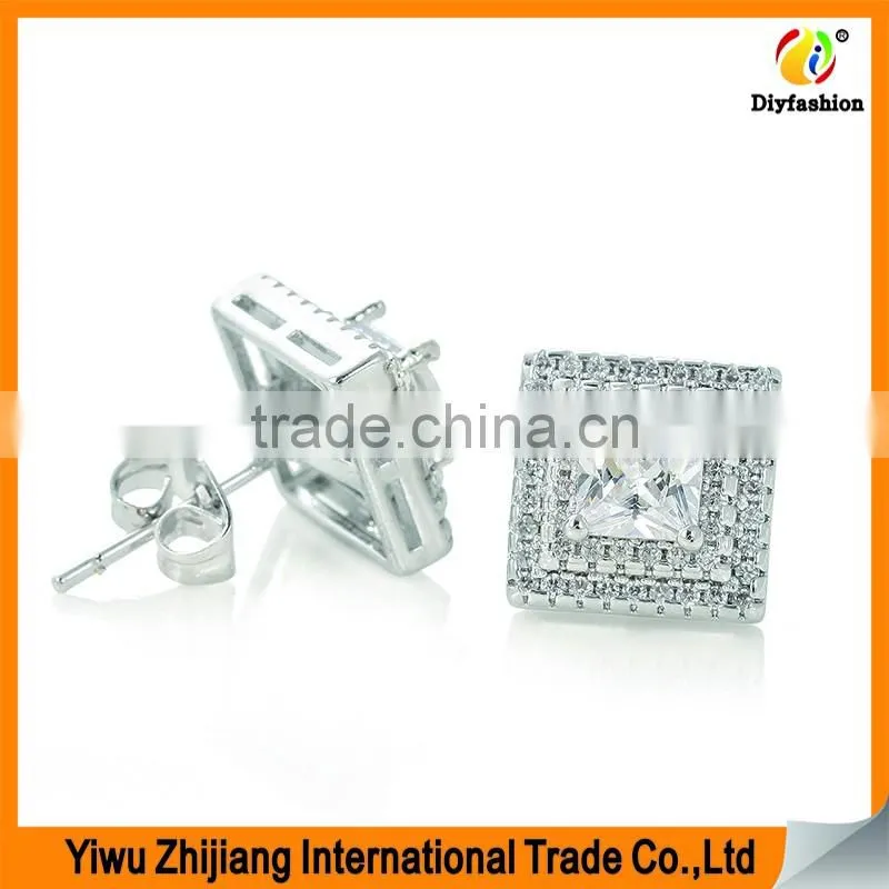 Double row diamond Set square zircon Platinum plating Zircon stud earrings