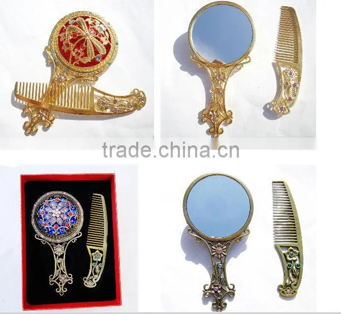 Antique Imitation Cosmetic Metal Pocket Mirror with Hair Comb,Handle Mirror/Hand Held Makeup Mirror/Round Fashion Mirror