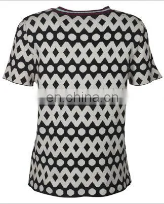 Acrylic Flat knitted sweater for women as stripe collar short sleeve polka dot T-shirt of latest design girls top