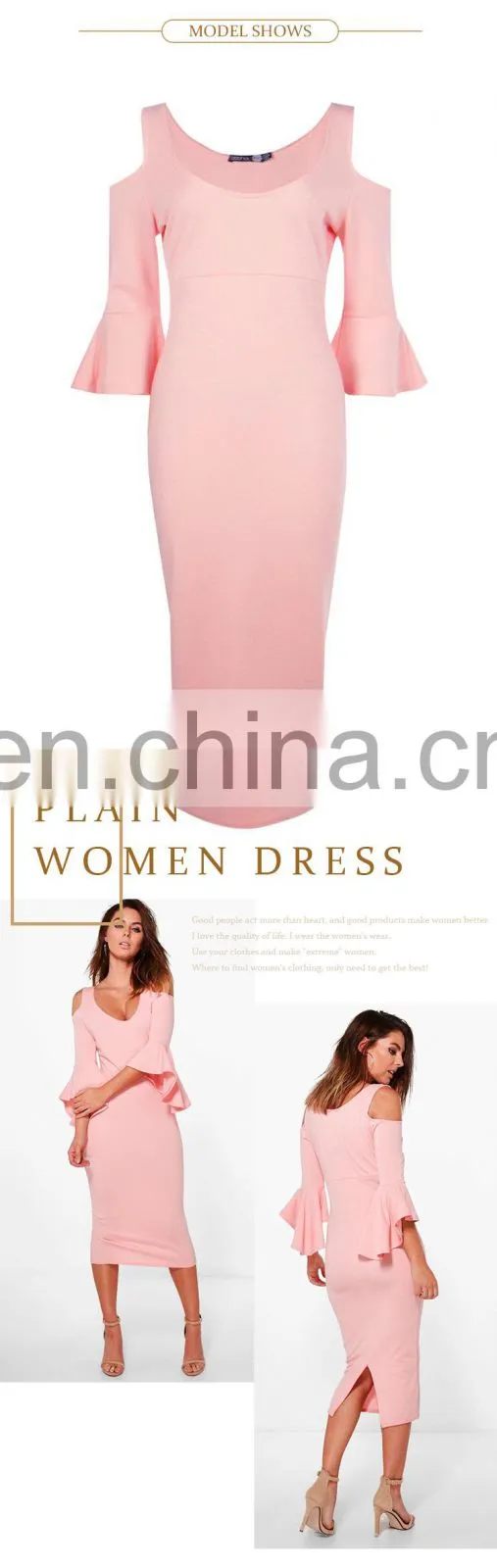 New fashion custom plain pink bell sleeve cold shoulder sexy women dress