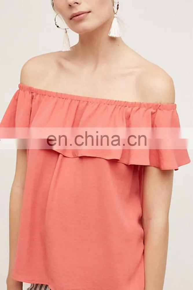 Hot Selling Summer off Shoulder Ruffle Plain Dyed Wholesale Tops For Women 2016