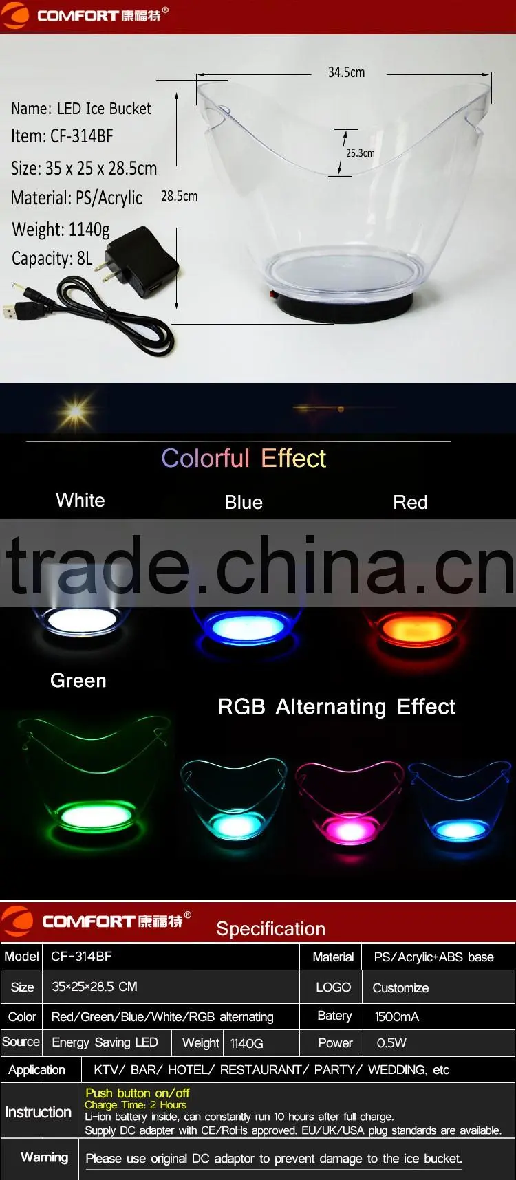 large plastic led illuminated ice bucket clear