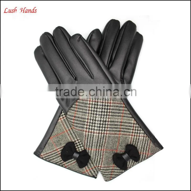 ladies high-quality black leather gloves with checked cloth handback