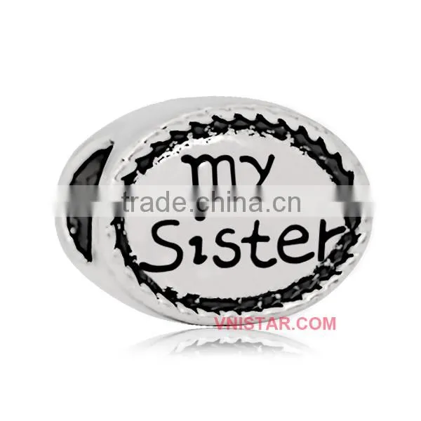 Vnistar Antique silver plated oval shped Friend & family name stamped European beads for bracelet jewelry PBD019