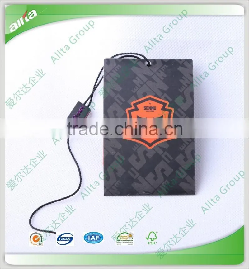 Customized garment paper tags with hang tag cord locking