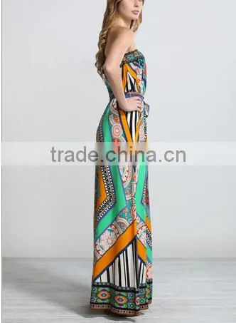 Glamorous geometric printed sleeveless bandeau long tube bangkok dress
