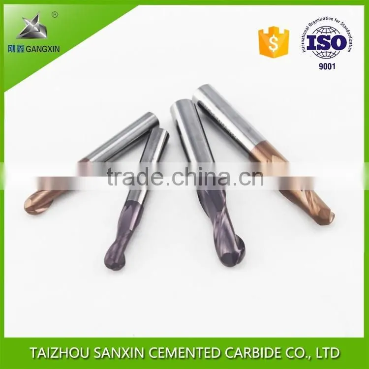 Solid tungsten carbide tapered ball nose end mills for metal working