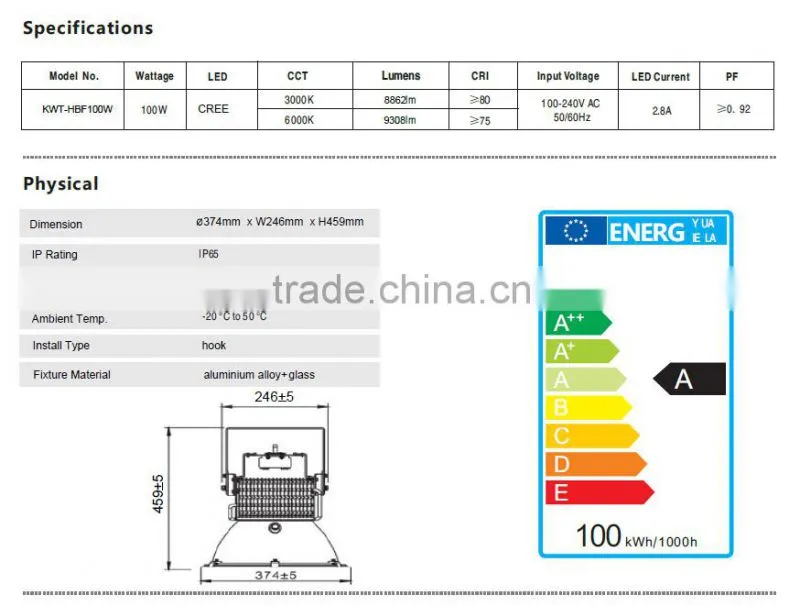 China Supplier High Quality Industrial Lighting100W IP65 LED High Bay Light with 5 Years Warranty