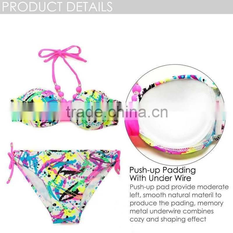 Wholesale Swimwear! Push-Up Sexi Hot Girl Bikini Model with Neon Pink Neck Ties by RELLECIGA