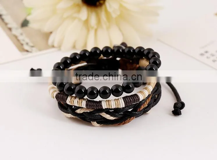 wood bead custom leather braided bracelet, leather beaded wrap bracelets