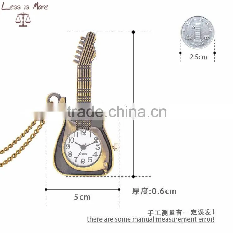 2015 Hot selling low price alloy pocket watch, guitar gold pocket watch