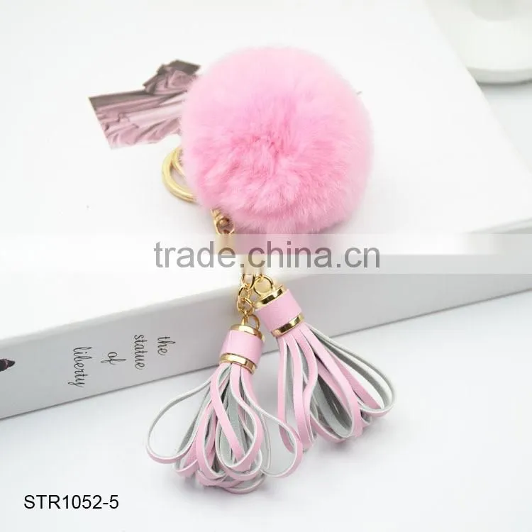 New Leather Tassel Fur Keychain Real Rabbit Fur Pom Pom Key Chain