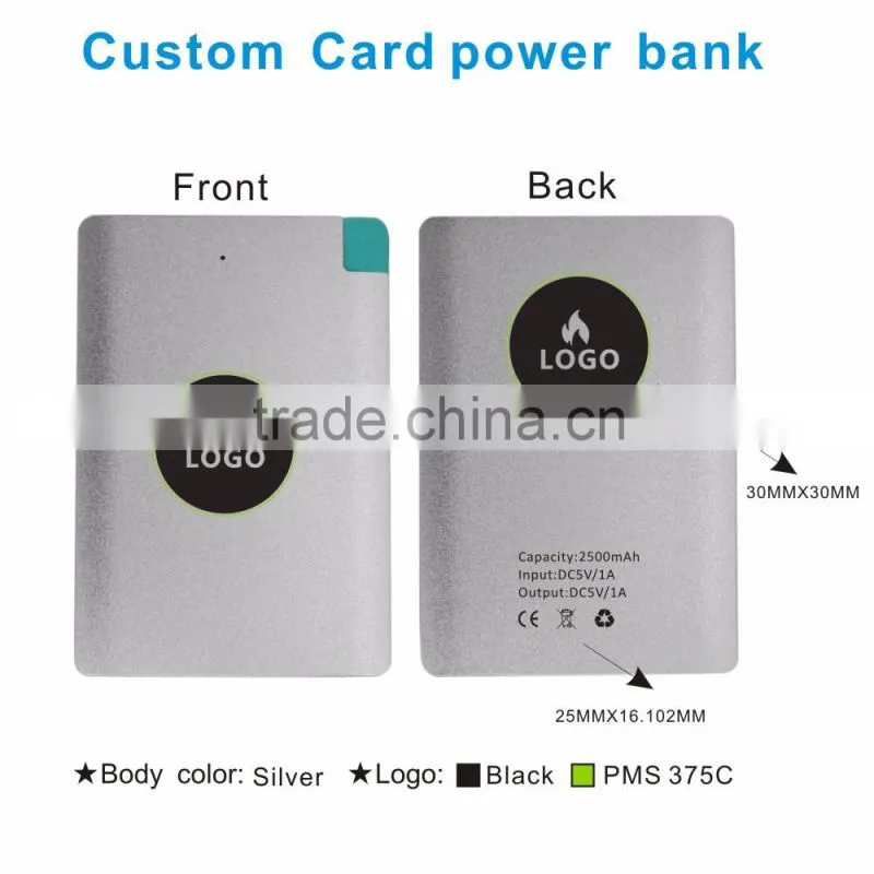Metal slim credit card 2500 mah power bank with build in cable