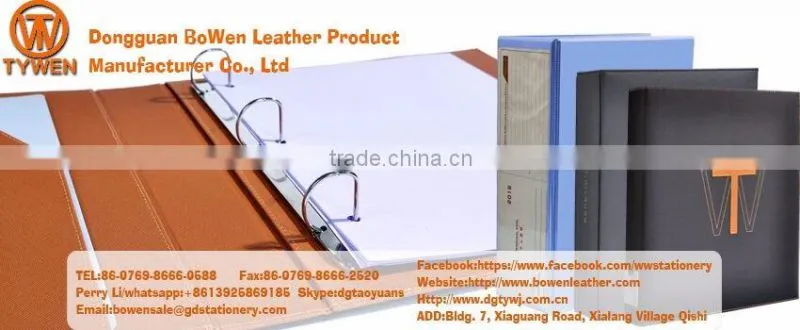 Three fold leather file folder with metal D ring binder and elastic band