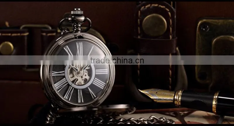 KS Antique Black Skeleton Dial Analog Hand Wind Men FOB Mechanical Pocket Watch