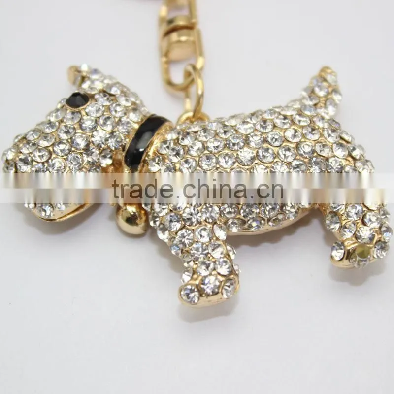 New metal puppy dog keychain crystal keychain gold silver keychain metal key chain