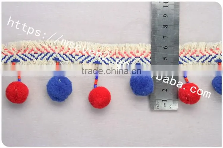 Newest arrival colorful 6.5cm width handmade cotton pom pom lace trims