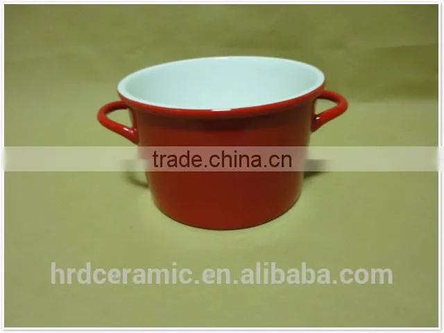 Large colorful two handle porcelain ceramic bowl,white porcelain
