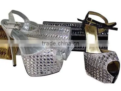 Italian silver crystal high heel shoe/ladies long heel shoes/italian ladies shoes and matching bags MG005