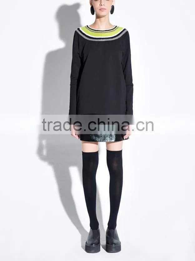 women fashion black casual t-shirts with colorful neckline design