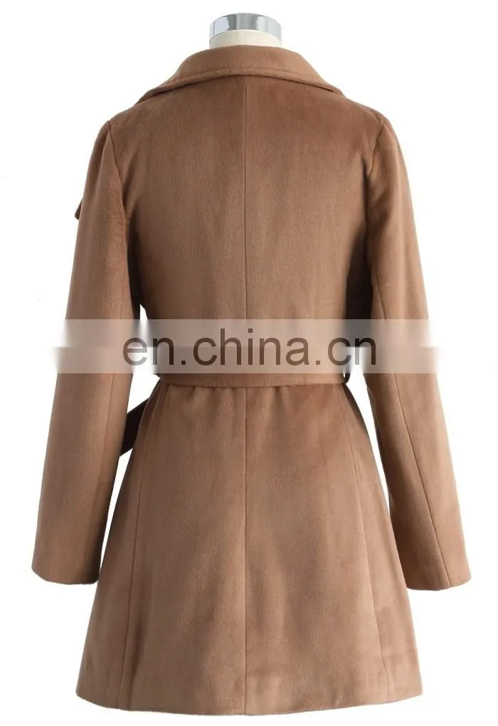 Women's Winter Long Coat Wide Collar Long Sleeve Belted Wool Blend Coat in Tan