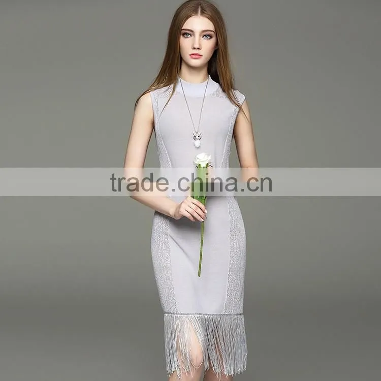 2017 hot new women hollow knit dress sleeveless slim hip long dress with tassel