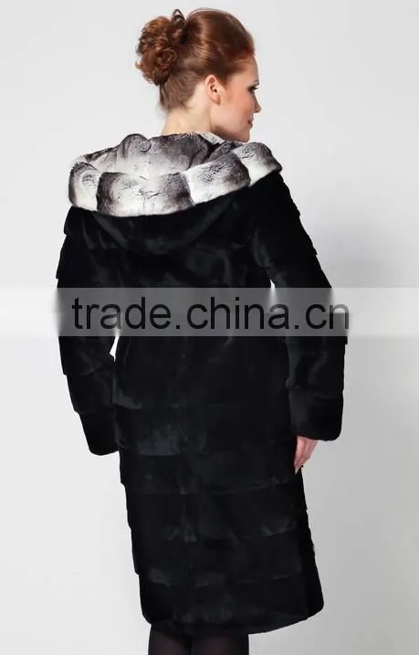 rex14071 black rex rabbit fur coat with chinchilla color hood and belt