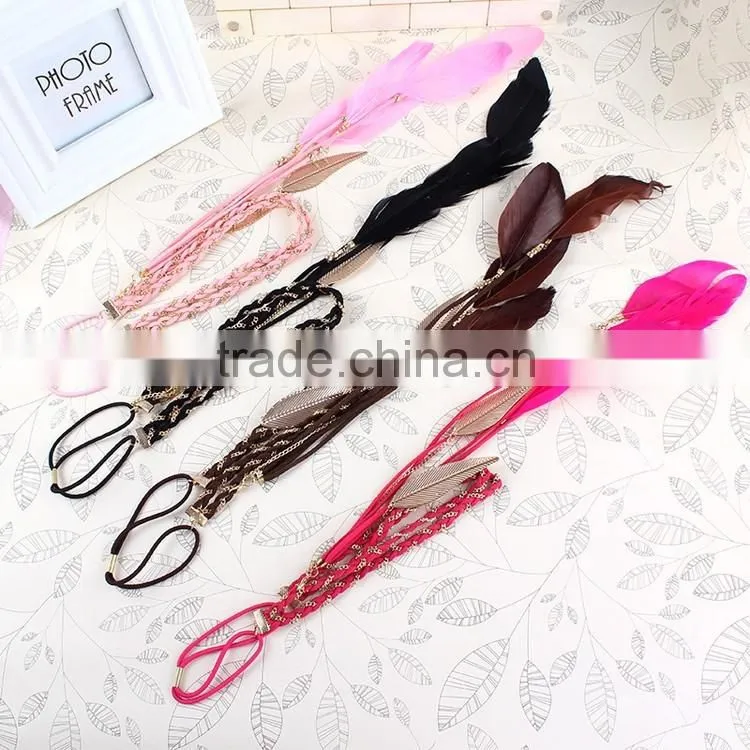 mix colors indian braided feather long elastic hair bands