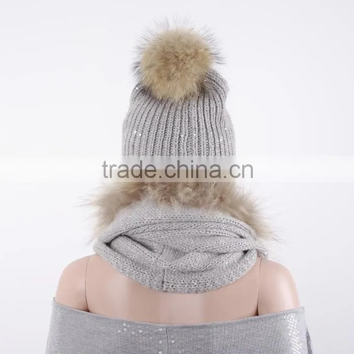 Top quality knit beanie hat genuine raccoon fur pompom hats KZ150123
