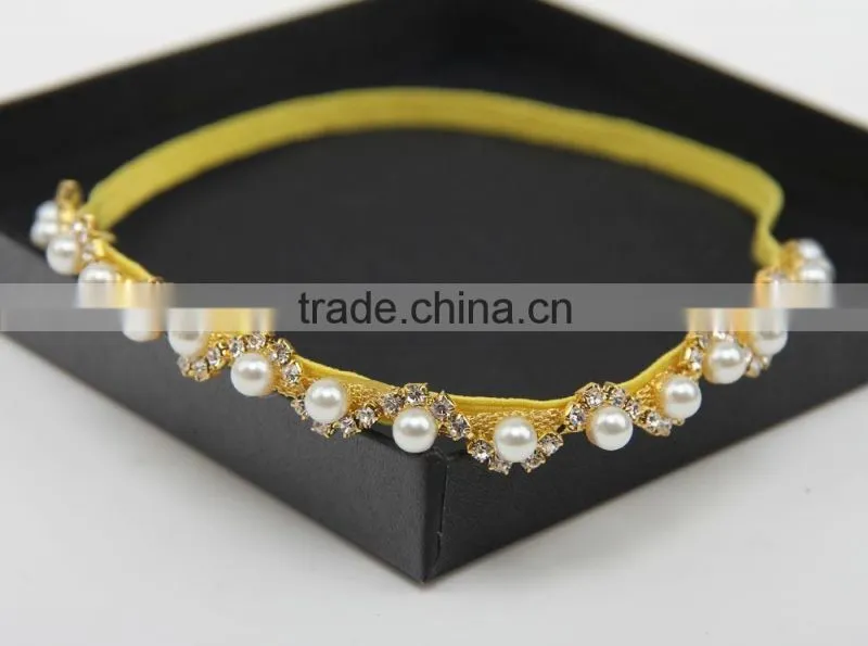 Newborn baby Rhinestone pearls elastic headband hair accessories / glitter crystal diamond ribbon silk jewelry on sale