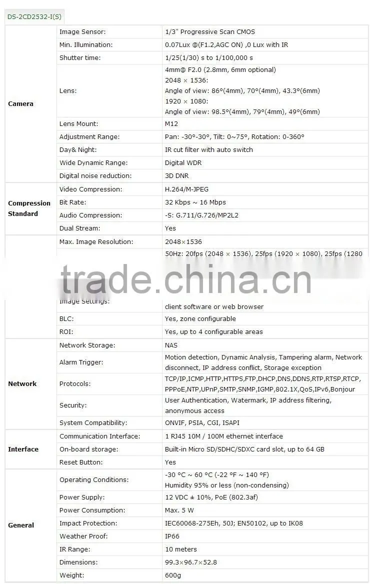 china brand outdoor poe HD 300mp IR wifi ip camera with sd DS-2CD2532F-IWS