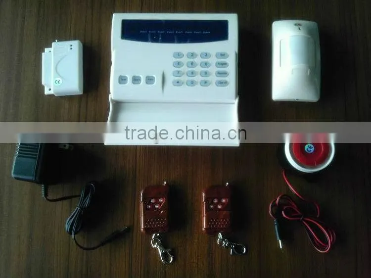 433Mhz wireless alarm system kit with package content: door contact,PIR motion sensor,remote control,wired siren