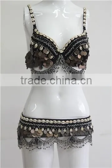 Hot ! Handmade sequin coins beaded 2 pieces bra & hip belt set belly costumes