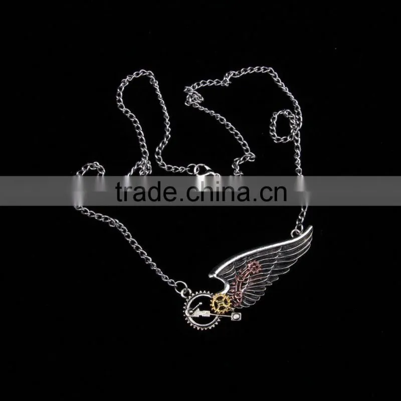 2015 yiwu fashion jewelry hot sale new design steampunk necklace gear steam angel wing necklace statement necklace