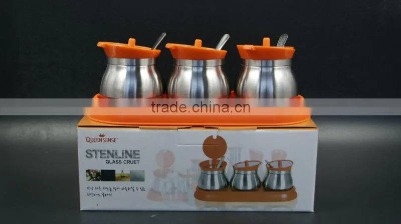 set of 3 glass spice jar cruet set with stainless steel coat