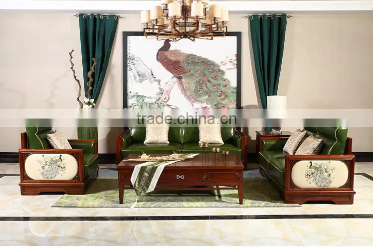 Country Style Wooden And Genuine Leather Sofa Set With Peacock Pattern, Neo Classic Living Room Set(MOQ=1 SET)