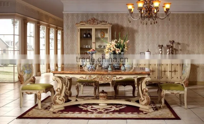 Hand Carved European Rectangle Oak Wood Expandable Dining Table With Chairs(MOQ=1 SET)