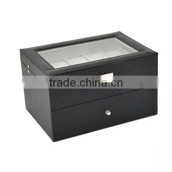 High Quality 20 Slot PU Leather Display Box For Watch, High Capacity Carbon Fiber Stripe Package Box For Watch