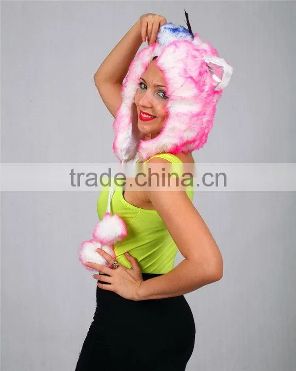 Fashionable top sell High quality animal hood hats with pom ear flaps