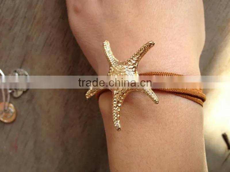 high quality gold starfish charm elastic fabric knot bracelet ribbon hair ties ponytail holder Knotted Hair Ties Yoga Hair Ties