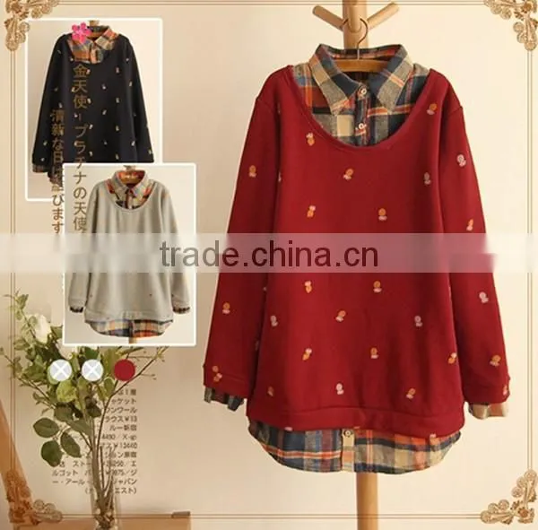 Spring and autumn lovely printed fake 2pcs long sleeve blouse designs fashion women plaid shirt