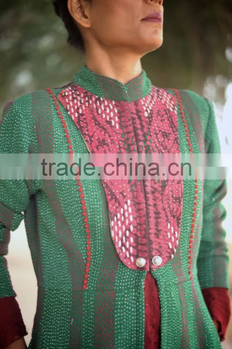 Vintage Kantha Long Jacket in Beautiful Viridian Green and Dull Red ~ Small