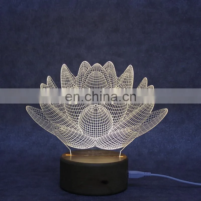 Wholesale wooden base customized acrylic pattern 3D night light led lamp for home