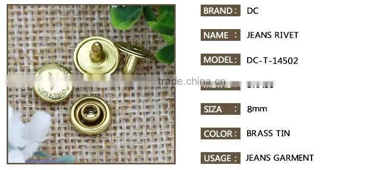 8mm brass metal rivet fashion style single cap jean stud for denim