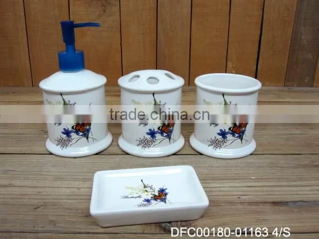 Ceramic 4 PCs of Basic Bathroom Set with Butterfly and Flower Decal