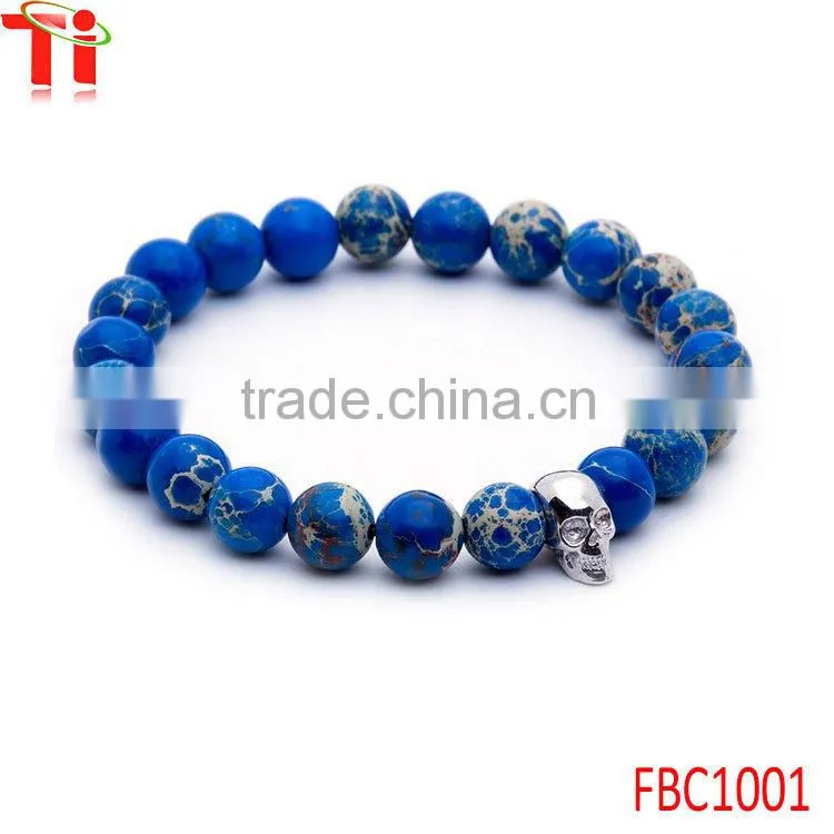 2016 new products stretchy blue bead mens skull bracelet
