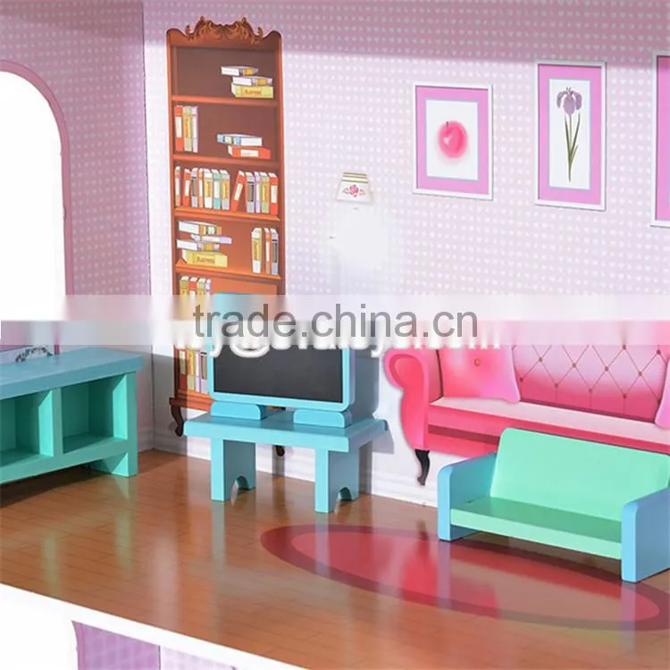 New design 13 pieces of furniture 3 floor pretend play pink wooden cottage dollhouse for children W06A230