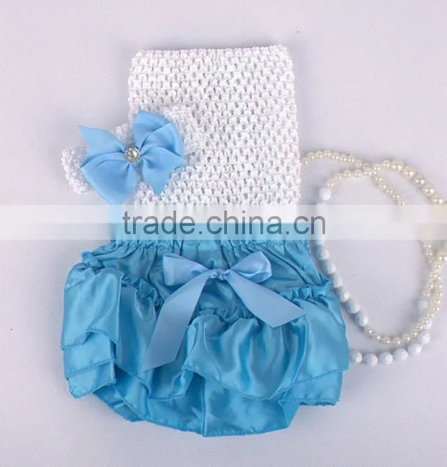wholesale adorable baby diaper and crochet tube top3 sets , satin baby bloomers, baby ruffle bloomers